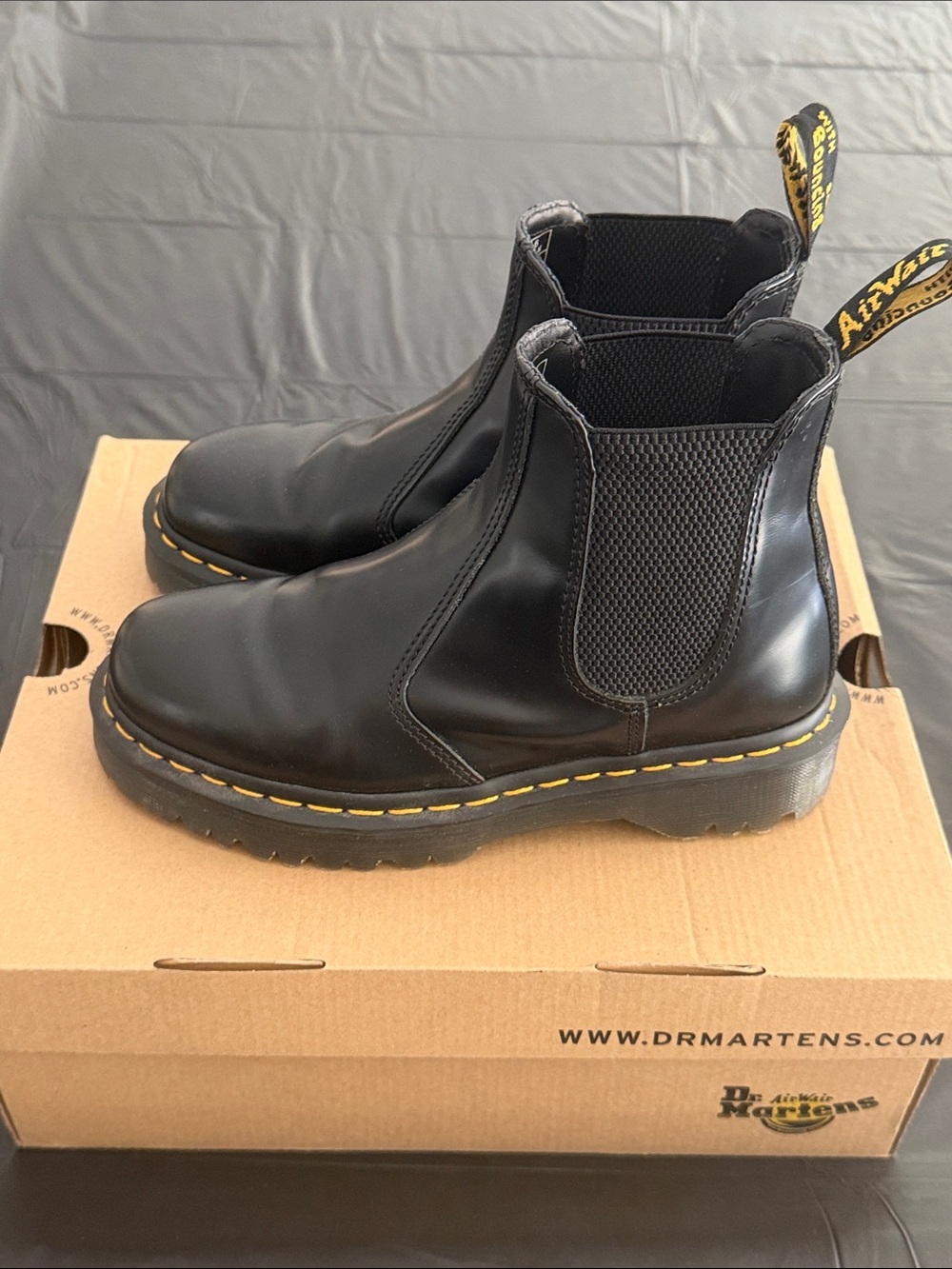 Dr. Martens Black Leather Chelsea Chukka Boots with Yellow Stitching